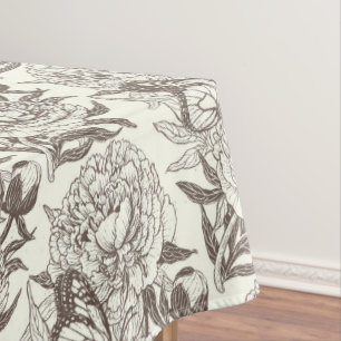 Peonies and butterflies block print, umber on off tablecloth