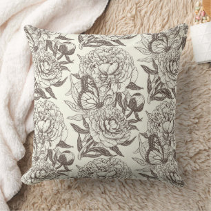 Peonies and butterflies block print, umber on off throw pillow