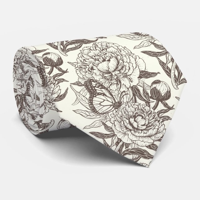 Peonies and butterflies block print, umber on off  tie (Rolled)