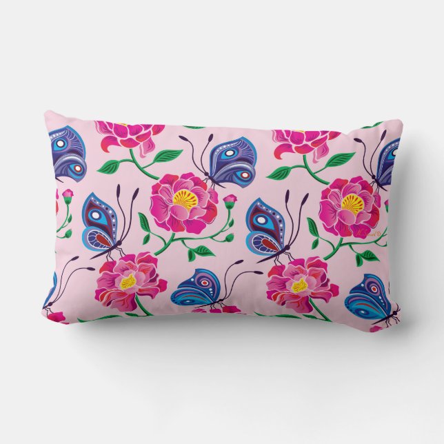 Peonies and Butterflies Pattern Lumbar Pillow (Back)