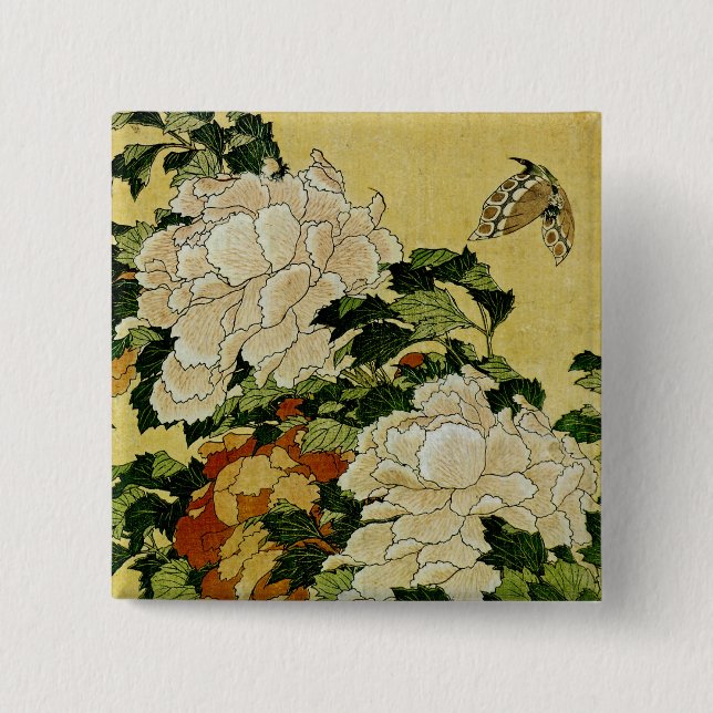 Peonies and Butterfly 2 Inch Square Button (Front)