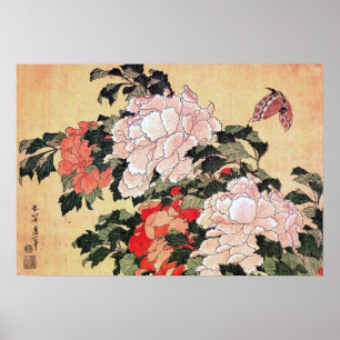 Peonies and Butterfly Hokusai Poster