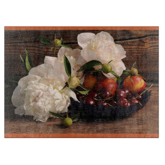 Peonies and Fruit Bowl Large Glass Cutting Board
