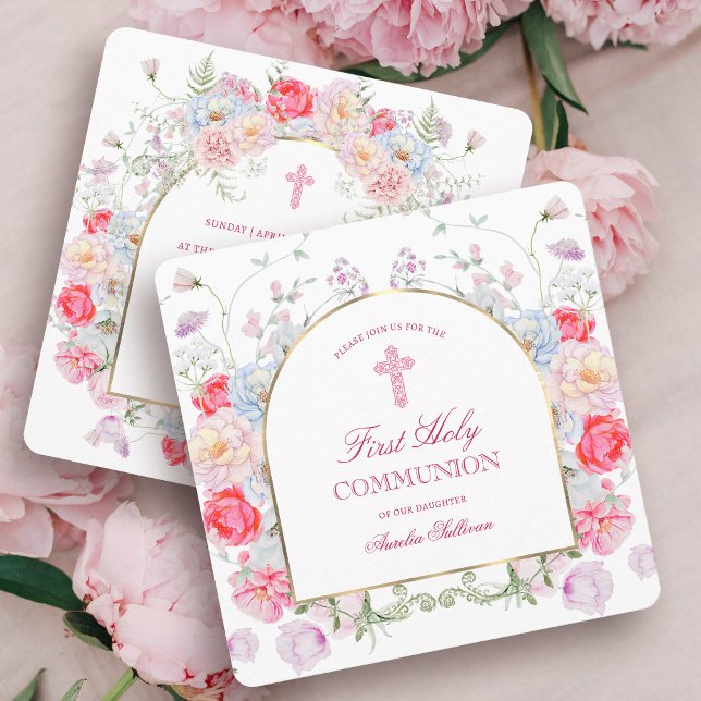 Peonies and Roses Arch First Communion Square Invitation (Creator Uploaded)