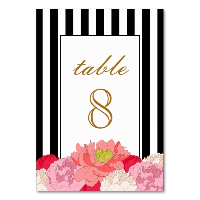 Peonies and Stripes Table Number Card (Back)