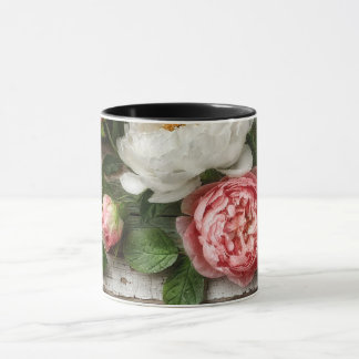 peonies and weathered wood mug