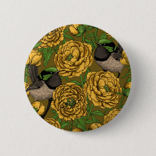 Peonies and wrens 2 inch round button