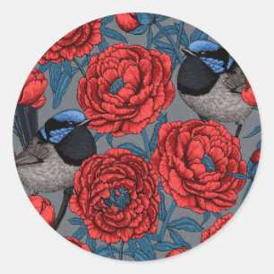 Peonies and wrens classic round sticker
