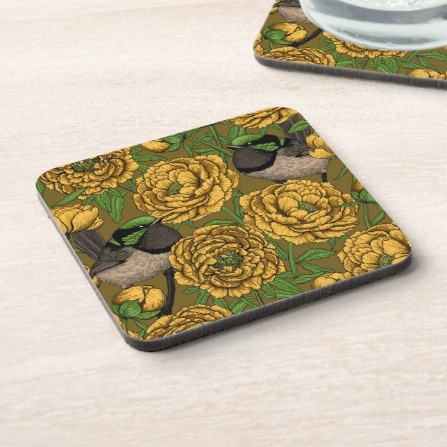 Peonies and wrens coaster (Left Side)