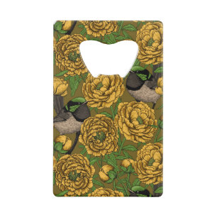 Peonies and wrens credit card bottle opener