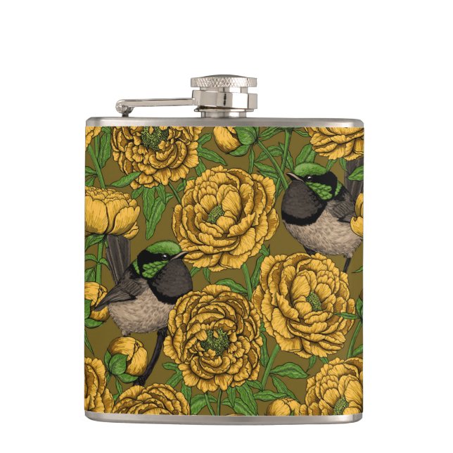 Peonies and wrens hip flask (Front)