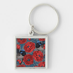 Peonies and wrens keychain