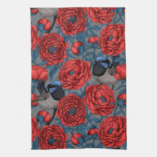 Peonies and wrens kitchen towel