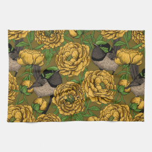 Peonies and wrens kitchen towel