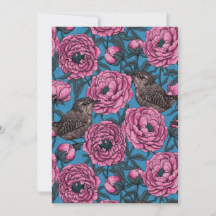 Peonies and wrens on blue