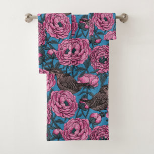 Peonies and wrens on blue bath towel set