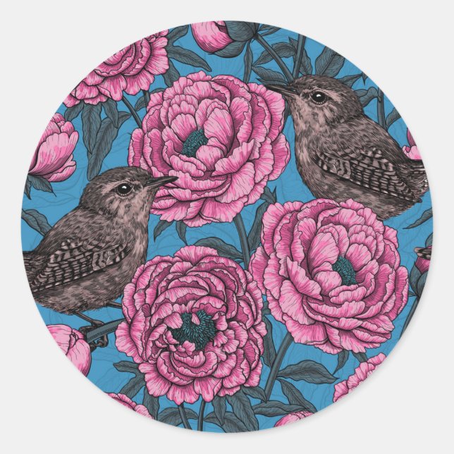 Peonies and wrens on blue classic round sticker (Front)
