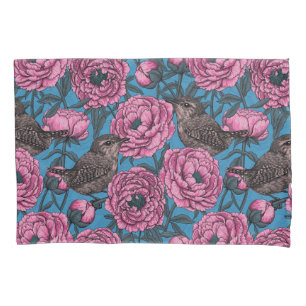 Peonies and wrens on blue pillowcase