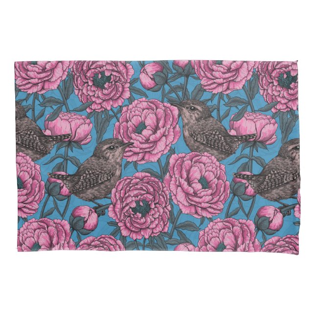 Peonies and wrens on blue pillowcase (Front-Left)
