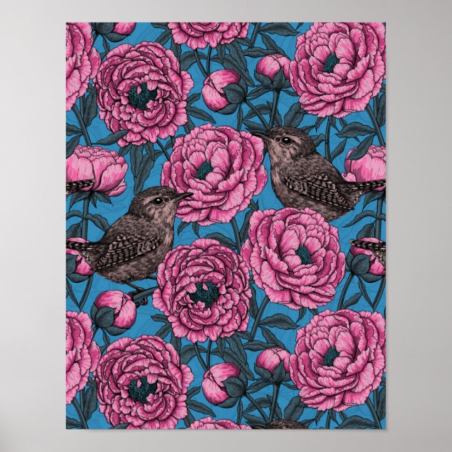 Peonies and wrens on blue poster (Front)