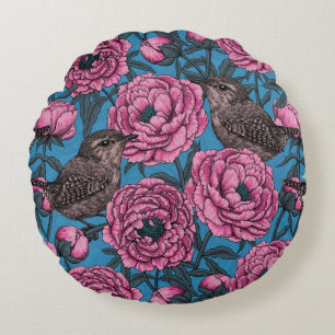 Peonies and wrens on blue round pillow