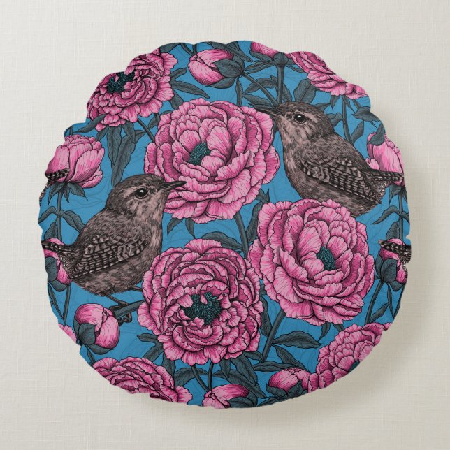 Peonies and wrens on blue round pillow (Front)