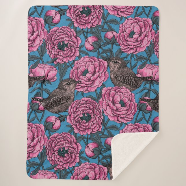 Peonies and wrens on blue sherpa blanket (Front)