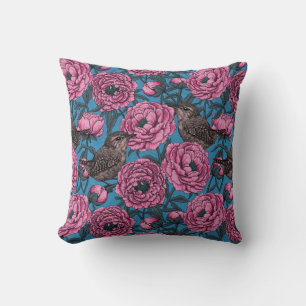 Peonies and wrens on blue throw pillow