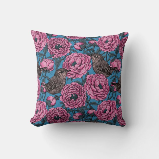 Peonies and wrens on blue throw pillow (Front)