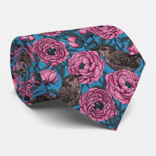 Peonies and wrens on blue tie