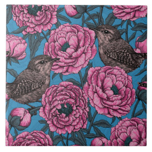 Peonies and wrens on blue tile