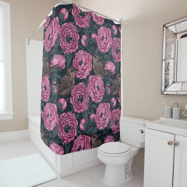 Peonies and wrens on dark gray (In Situ)