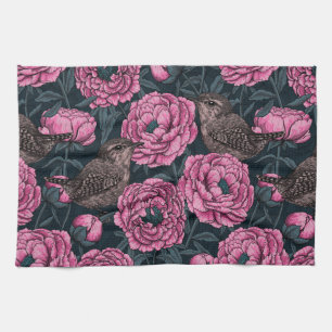 Peonies and wrens on dark gray kitchen towel