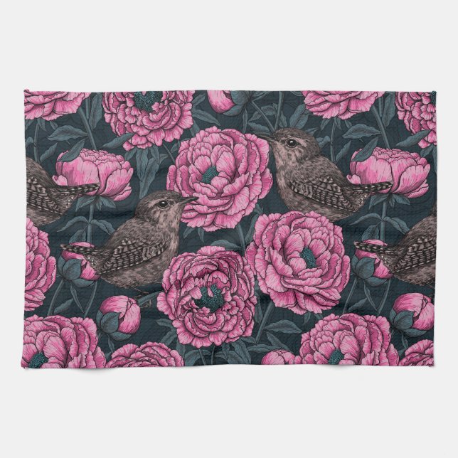 Peonies and wrens on dark gray kitchen towel (Horizontal)