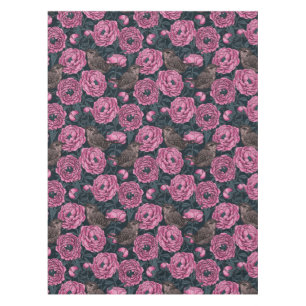 Peonies and wrens on dark gray tablecloth