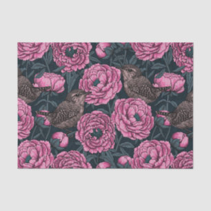 Peonies and wrens on dark gray tissue paper