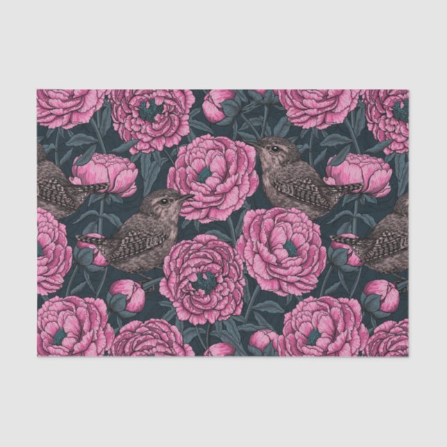 Peonies and wrens on dark gray tissue paper (Front)