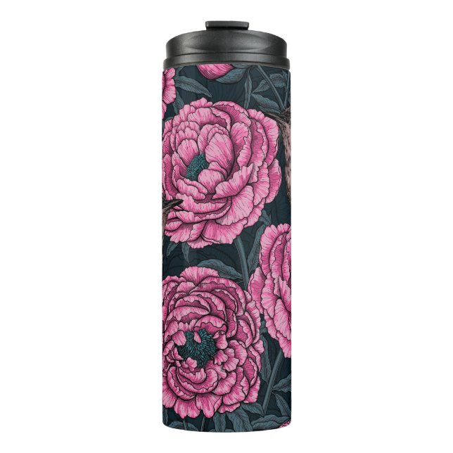 Peonies and wrens on dark grey thermal tumbler (Front)