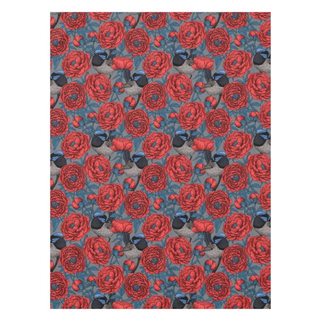 Peonies and wrens tablecloth (Front)