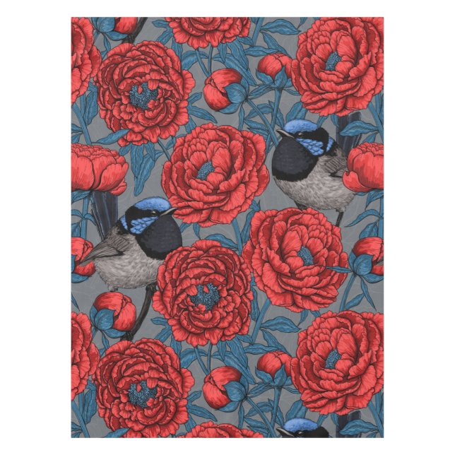 Peonies and wrens tablecloth (Front)