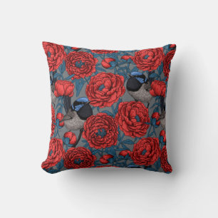 Peonies and wrens throw pillow