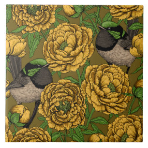 Peonies and wrens tile