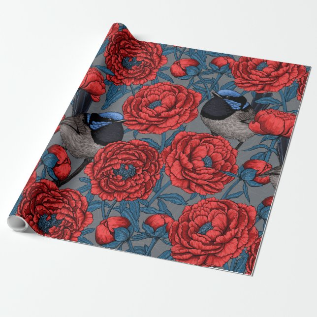 Peonies and wrens wrapping paper (Unrolled)