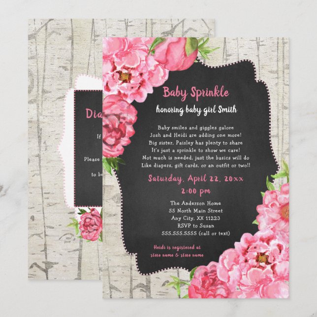 Peonies + Birch baby sprinkle + diaper raffle Invitation (Front/Back)