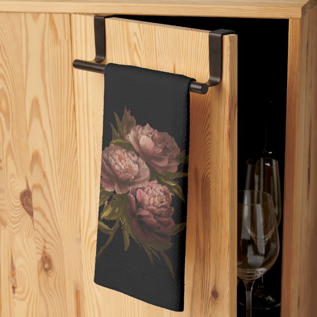 Peonies Black Kitchen Towel (Thirds Fold)