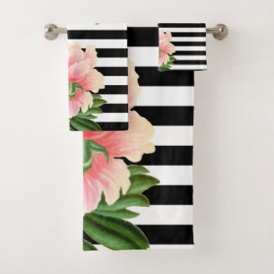 peonies black stripes bath towel set