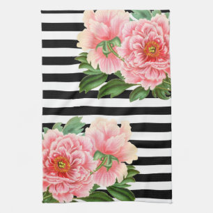 peonies black stripes kitchen towel