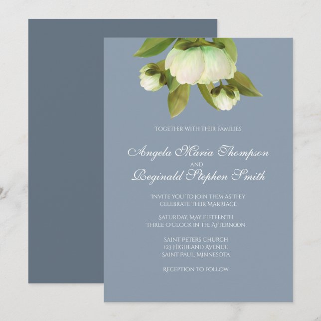 Peonies blanches avec invitation bleu Dusty (Devant / Derrière)