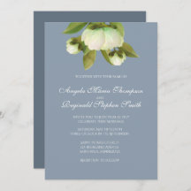 Peonies blanches avec invitation bleu Dusty