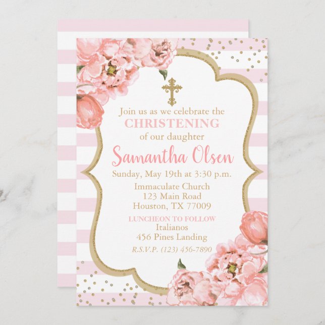 Peonies Blush Pink & Gold Christening Invitation (Front/Back)